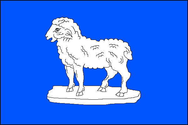 Modrý list s bílou ovcí stojící na bílém plochém kameni. Poměr šířky k délce listu je 2:3.