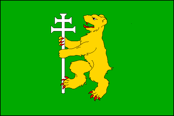 Zelený list se žlutým medvědem s červenou zbrojí držícím bílou hůl s patriarším křížem. Poměr šířky k délce je 2:3.