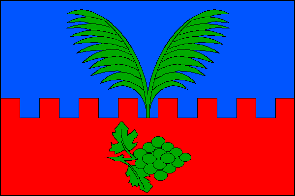 List tvoří dva vodorovné pruhy, modrý a zubatý červený s osmi čtvercovými zuby a sedmi stejnými mezerami. Z prostřední mezery vyrůstají dvě zelené odvrácené palmové ratolesti, pod nimi v červeném pruhu vodorovně zelený vinný hrozen se dvěma listy, stonkem