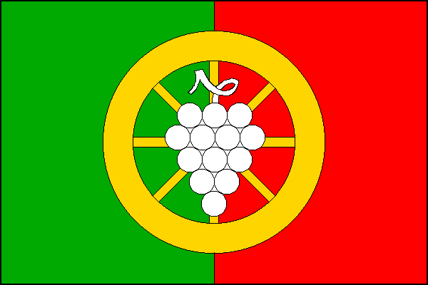 List tvoří dva svislé pruhy, zelený a červený. Uprostřed žluté vozové kolo s osmi paprsky, v něm bílý vinný hrozen. Poměr šířky k délce listu je 2:3.