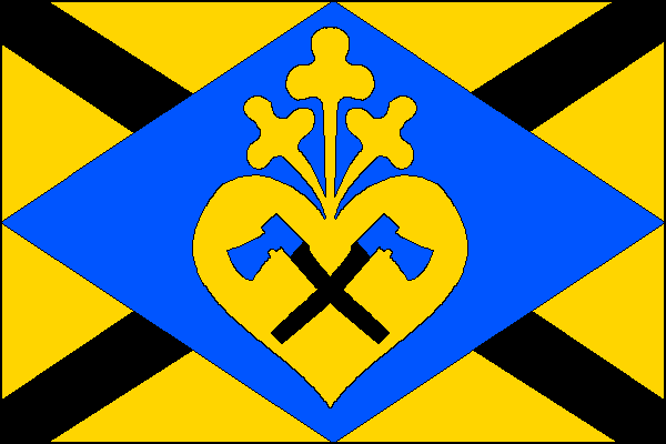 Žlutý list s modrým kosočtvercem s vrcholy uprostřed okrajů listu, podloženým černým ondřejským křížem s rameny širokými jednu sedminu šířky listu. V modrém poli ve žlutém srdci kvetoucím třemi žlutými trojlisty dvě zkřížené modré sekyry na černých topůrk
