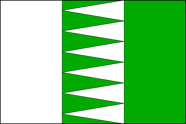List tvoří tři svislé pruhy, bílý, zelený se šesti bílými rovnoramennými trojúhelníky a zelený. Vrcholy trojúhelníku jsou na žerďovém okraji středního pruhu a základny na vlajícím okraji středního pruhu. Poměr šířky k délce listu je 2:3.