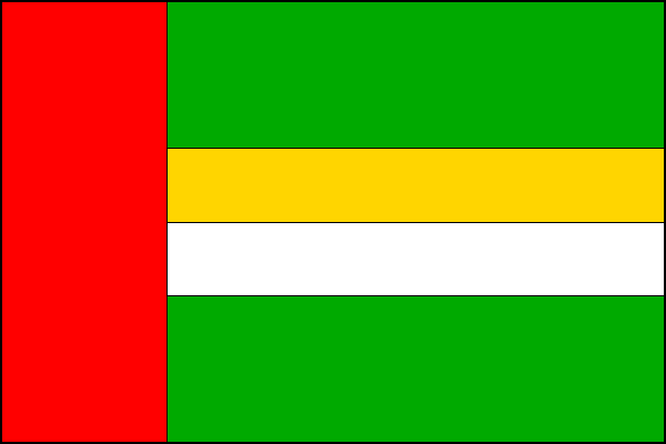 List tvoří červený žerďový pruh široký jednu čtvrtinu délky listu a čtyři vodorovné pruhy, zelený, žlutý, bílý a zelený v poměru 2:1:1:2. Poměr šířky k délce listu je 2:3.
