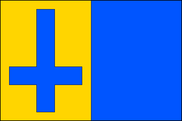 List tvoří dva svislé pruhy, žlutý a modrý. Ve žlutém pruhu modrý svatopetrský kříž s rameny širokými jednu desetinu délky listu. Poměr šířky k délce listu je 2:3.