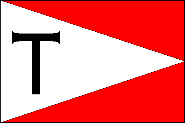Červený list s bílým žerďovým klínem s vrcholem na středu vlajícího okraje. V žerďové části černý antonínský kříž. Poměr šířky k délce listu je 2:3.