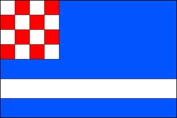 List tvoří tři vodorovné pruhy, modrý, bílý a modrý v poměru 4:1:1. V horním rohu bílo-červeně šachované karé o šířce poloviny šířky listu o čtyřech řadách. Poměr šířky k délce listu je 2:3.