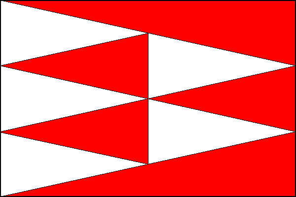 Červený list se třemi bílými žerďovými klíny s vrcholy ve středu listu a dvěma bílými klíny s vrcholy na vlajícím okraji a se základnami mezi vrcholy žerďových klínů. Poměr šířky k délce listu je 2:3.