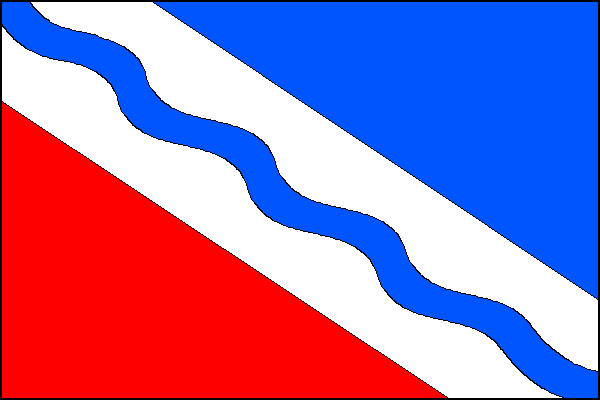 List je rozdělen bílým kosmým pruhem na červenou žerďovou a modrou vlající část. Bílý pruh vychází první čtvrtiny žerďového okraje a první šestiny horního okraje listu a končí na poslední čtvrtině vlajícího a poslední šestině dolního okraje listu. Středem
