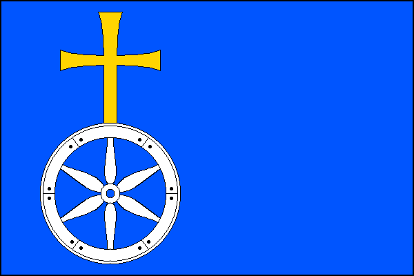 Modrý list; v žerďové polovině bílé vozové kolo, ze kterého vyrůstá žlutý latinský kříž. Poměr šířky k délce listu je 2:3.