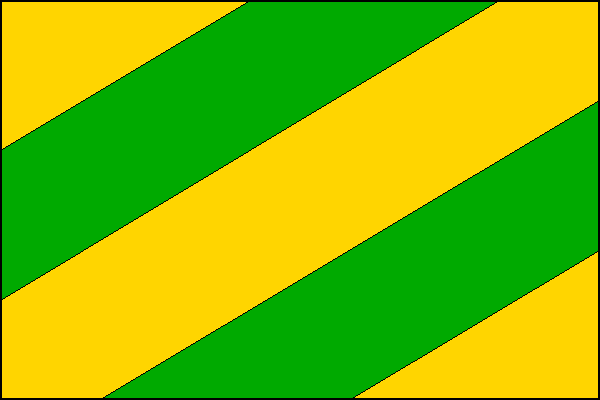 List tvoří pět šikmých pruhů střídavě žlutých a zelených. Poměr šířky k délce listu je 2:3.
