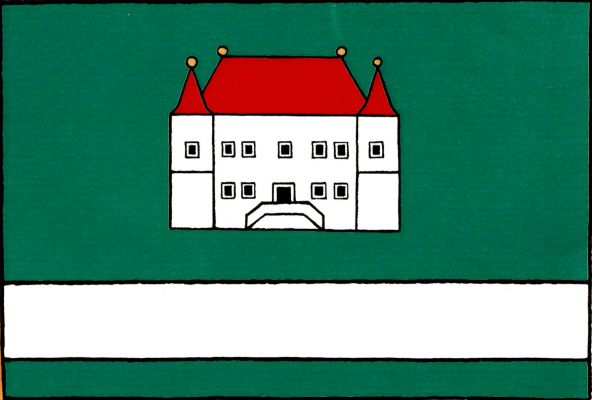 List tvoří tři vodorovné pruhy, zelený, bílý a zelený, v poměru 7 : 2 : 1. V horním zeleném pruhu bílá patrová budova zámku s valbovou střechou se dvěma makovicemi a s dvěma nárožními věžicemi se stanovými střechami s makovicemi, střechy červené, makovice