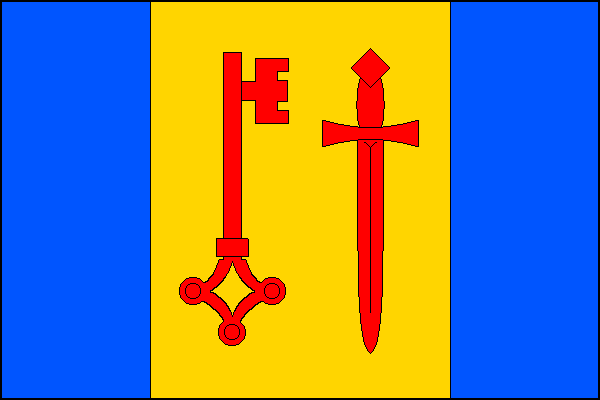 List tvoří tři svislé pruhy, modrý, žlutý a modrý, v poměru 1:2:1. Ve žlutém pruhu klíč zuby nahoru a k vlajícímu okraji a meč hrotem dolů, obojí červené. Poměr šířky k délce listu je 2:3.