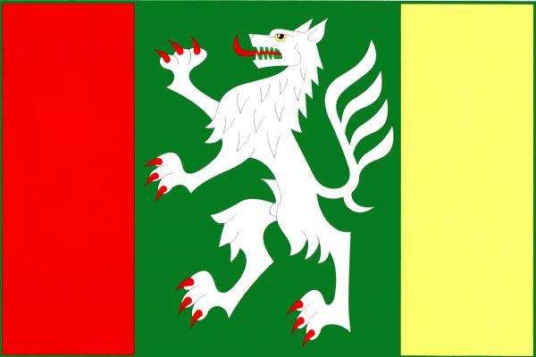 List tvoří tři svislé pruhy, červený, zelený a žlutý, v poměru 1 : 2 : 1. V zeleném pruhu bílý vlk ve skoku s červenou zbrojí. Poměr šířky k délce listu je 2 : 3.
