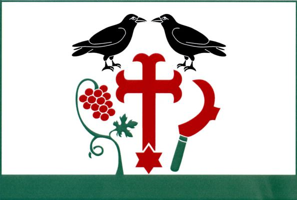Bílý list se zeleným pruhem na dolním okraji širokým osminu šířky listu. Uprostřed latinský kotvicový kříž zakončený dole šesticípou hvězdou, obojí červené, nahoře provázený černými přivrácenými havrany a dole červeným vinným hroznem, svěšeným k vlajícímu