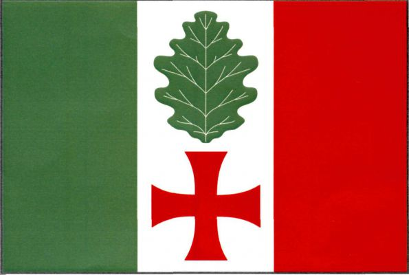 List tvoří tři svislé pruhy, zelený, bílý a červený. V bílém pruhu zelený vztyčený dubový list nad červeným tlapatým křížem. Poměr šířky k délce listu je 2 : 3.