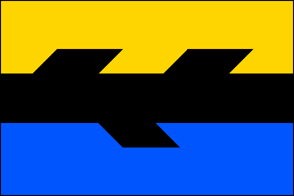 List tvoří dva vodorovné pruhy, žlutý a modrý. Uprostřed od žerďového do vlajícího okraje je položená černá ostrev se třemi suky (2+1) směřujícími k vlajícímu okraji. Poměr pruhů a šířky ostrve je 3:2:3. Poměr šířky k délce listu je 2:3.