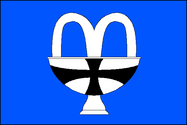 Modrý list s bílou fontánou s černým tlapatým křížem. Poměr šířky k délce listu je 2:3.