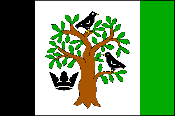 List tvoří tři svislé pruhy, černý, bílý a zelený, v poměru 1:3:1. V bílém pruhu zelený listnatý strom s hnědým kmenem,v jehož koruně sedí dva černí, nahoře k vlajícímu okraji a ve vlající části na dolní větvi k žerdi hledící ptáci se žlutou zbrojí, prová