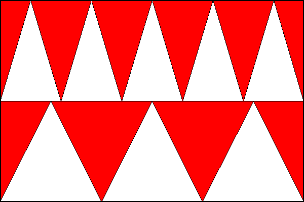 Červený list s pěti bílými rovnoramennými trojúhelníky se základnami ve středu listu a třemi bílými rovnoramennými trojúhelníky se základnami na dolním okraji listu. Výška trojúhelníků je rovna polovině šířky listu. Poměr šířky k délce listu je 2:3.