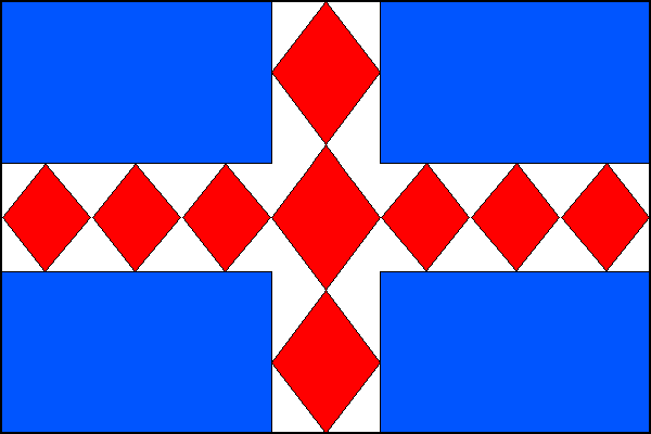 Modrý list s bílým středovým křížem s rameny širokými jednu čtvrtinu šířky listu. V kříži devět (1,7,1) červených rout, dotýkajících se okrajů kříže a sebe navzájem. Poměr šířky k délce listu je 2:3.