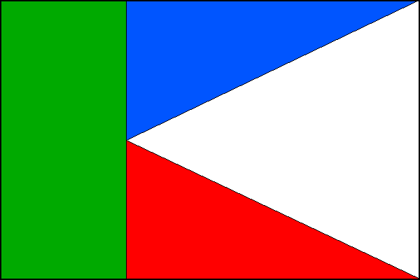 List se zeleným svislým pruhem širokým tři desetiny délky listu. Zbytek listu tvoří bílý vlající klín s vrcholem na středu okraje zeleného pruhu, horní modré trojúhelníkové pole a dolní červené pole. Poměr šířky k délce listu je 2:3.