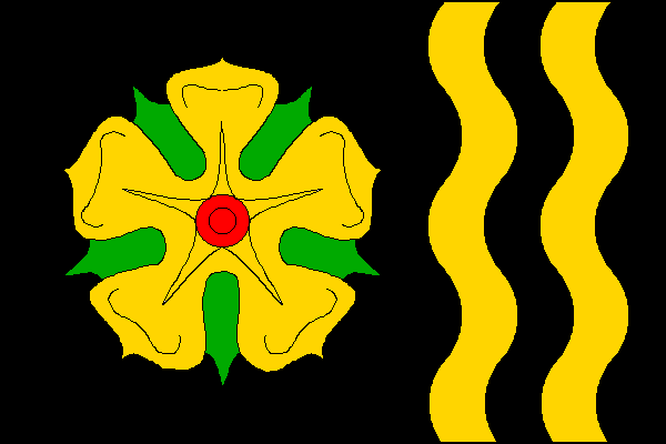 Černý list se žlutou růží s červeným semeníkem a zelenými kališními lístky a dvěma žlutými svislými vlnitými pruhy vycházejícími z deváté a jedenácté dvanáctiny horního okraje. Pruhy mají k vlajícímu okraji dva vrcholy a tři prohlubně. Poměr šířky k délce