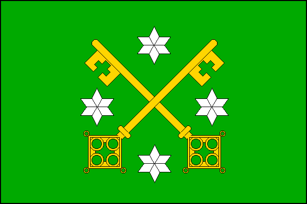 Zelený list se žlutými zkříženými klíči, mezi nimi čtyři bílé šesticípé hvězdy. Poměr šířky k délce listu je 2:3.