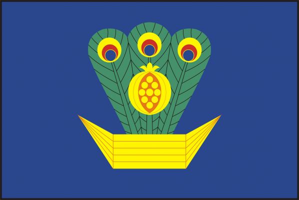 Modrý list se žlutou loďkou (korkou), z níž vyrůstá paví kyta o třech perech, v ní žluté granátové jablko. Poměr šířky k délce listu je 2 : 3.