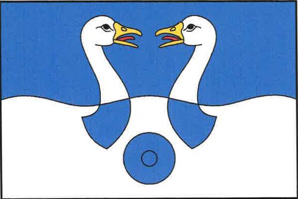 List tvoří dva vodorovné pruhy, modrý a zvlněný bílý se třemi vrcholy a dvěma prohlubněmi. Uprostřed listu přivrácené husí krky opačných barev se žlutými zobáky. Ve střední části listu u dolního okraje kruhové modré pole. Poměr šířky k délce listu je 2 : 