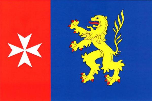 List tvoří žerďový červený pruh široký třetinu délky listu s bílým maltézským křížem, a modré pole se žlutým lvem s červenou zbrojí. Poměr šířky k délce listu je 2 : 3.