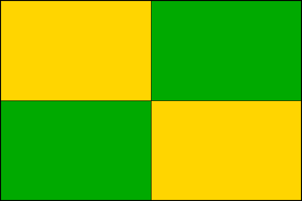 Žluto-zeleně čtvrceně dělený list. Poměr šířky k délce listu je 2:3.