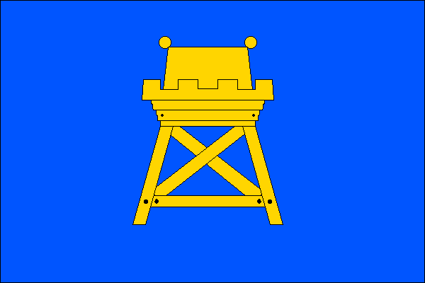 Modrý list se žlutou věží na trámcové konstrukci. Poměr šířky k délce listu je 2:3.